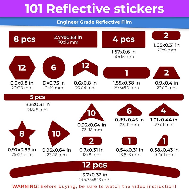 Loom Reflective Stickers Mega Kit (101pcs red)• Nighttime Safety Waterproof Self-Adhesive Decals for Helmets, Skateboard, Bike, Scooter, E-Bike, Motorcycle & Strollers • Bright Colors - Image 3